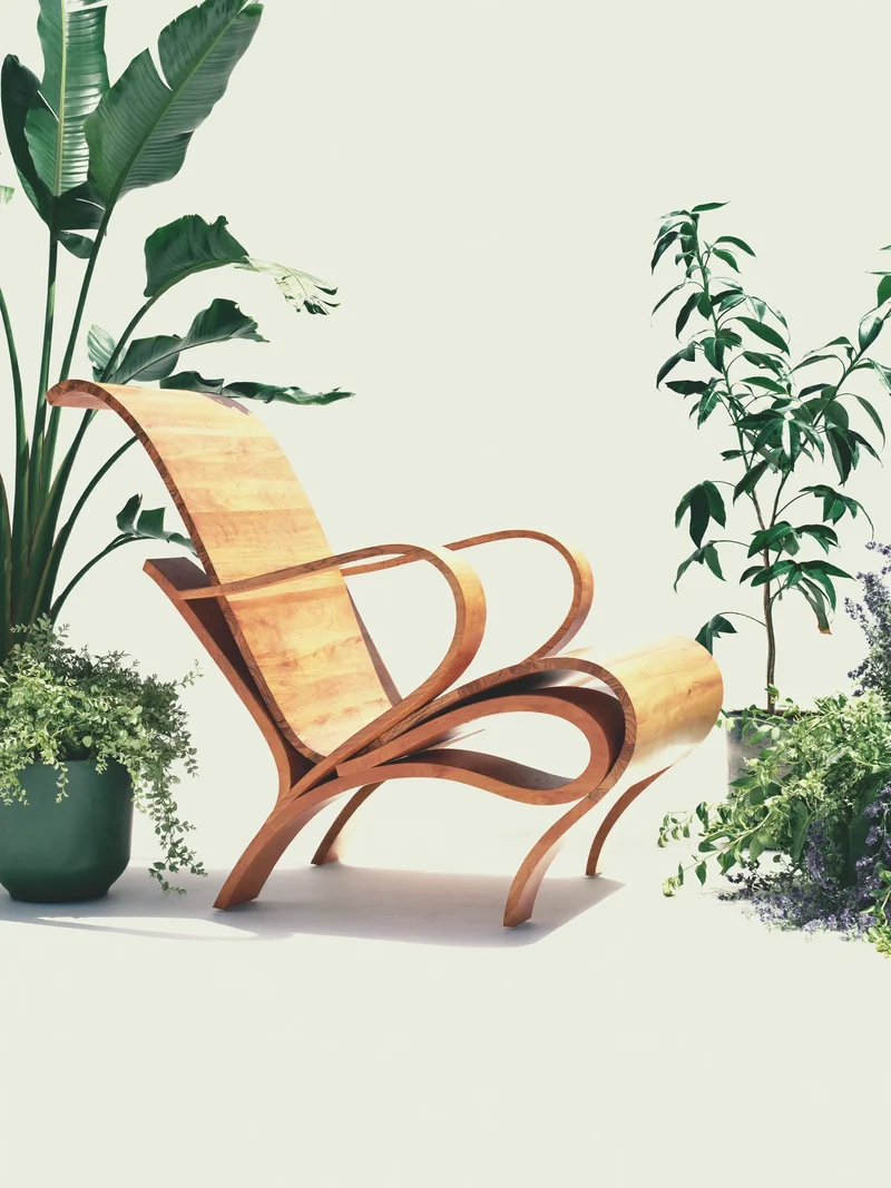 Studio illustrativo di poltrona lounge scultorea in legno curvato